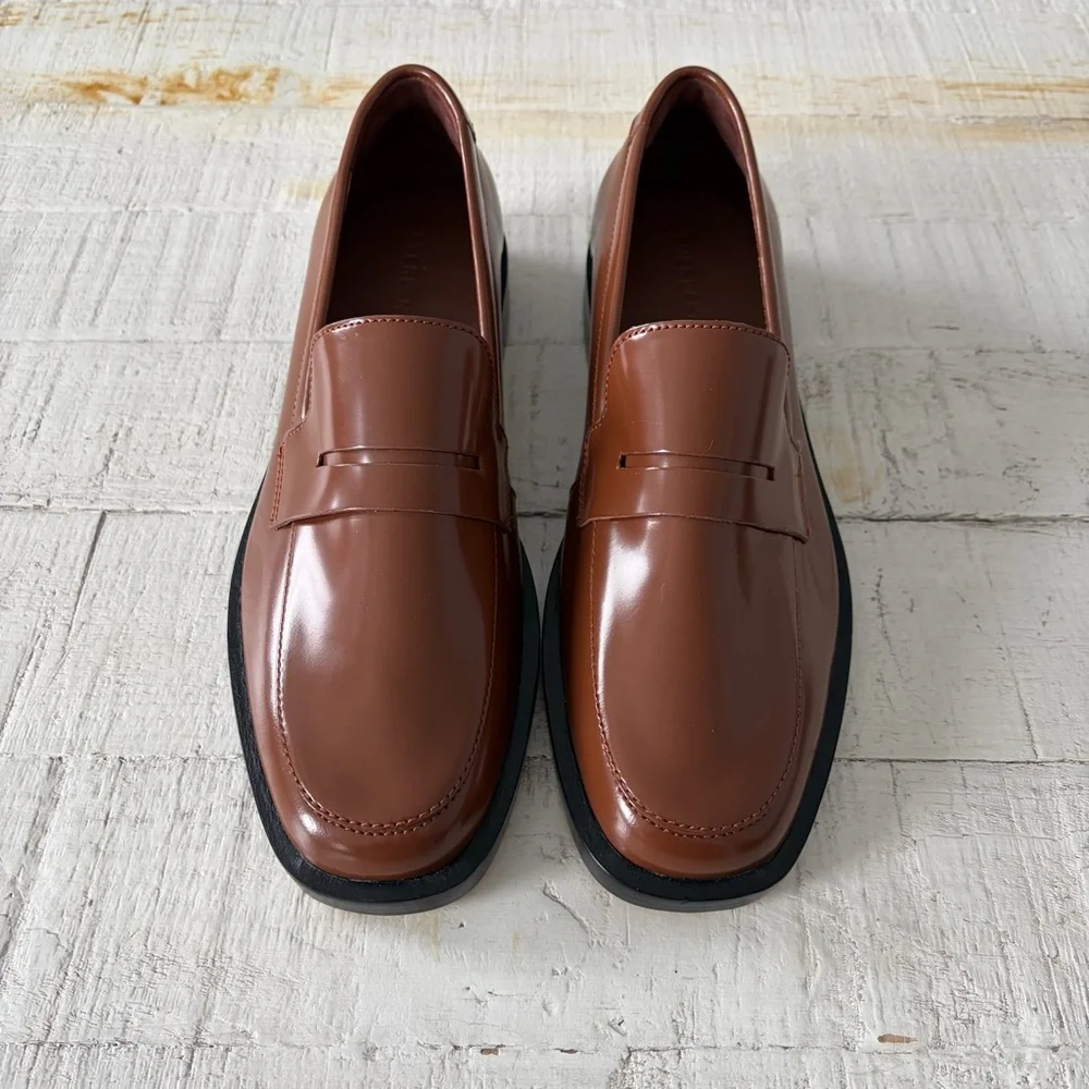 Everlane the Modern Penny Loafer NEW size 8.5 Cognac Leather Square Toe Flats - Picture 3 of 13